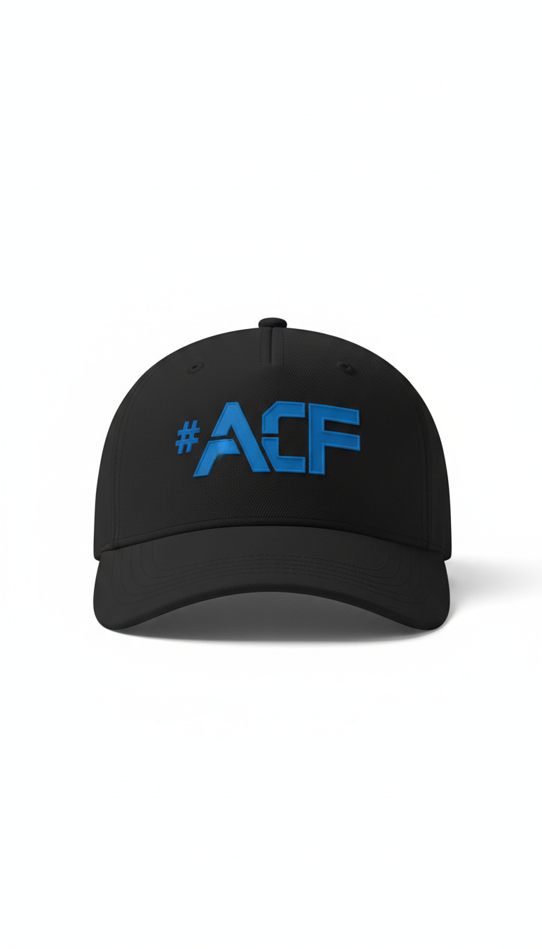 Black cap with electric blue typographic detail